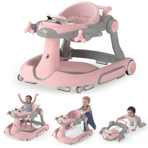 LINLUX 5 in 1 Foldable Baby Walker 3 Heights, Toddler Activity Walker w/Music & Lights, Pink&Gray
