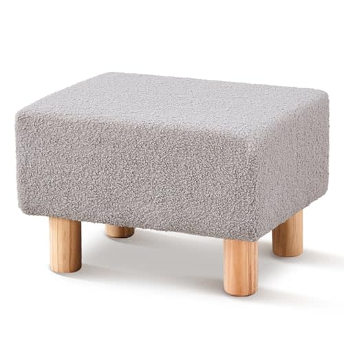 Wimarsbon Ottoman,Modern Footrest with Soft Padded Seat,Teddy Velvet Foot Stool with Wood Legs,Small Square Pouf for Living Room，Bedroom and Office (Gery)