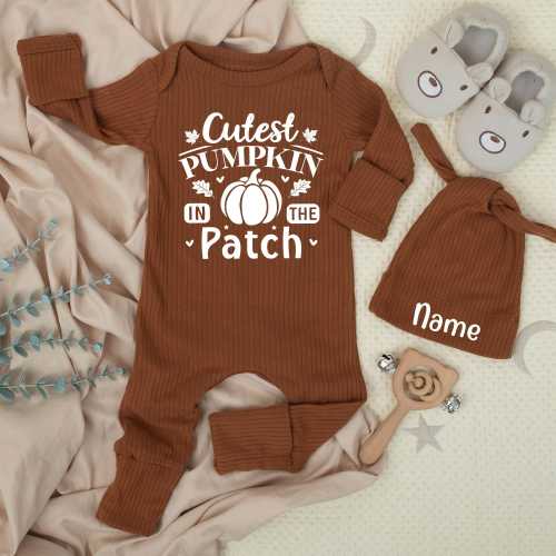 Cutest Pumpkin In The Patch Baby bodysuit and hat, Newborn set, Baby Shower Gift, First Thanksgiving, Long Sleeve Bodysuit, Announcement