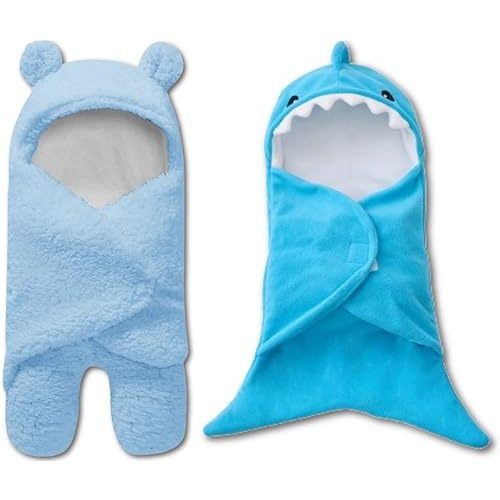 BlueMello Bear Swaddle Blanket & Shark Swaddle Blanket Bundle Ultra-Soft Plush 0-6 Months