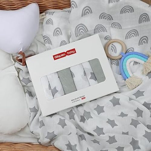 GLLQUEN BABY Receiving Blanket Boy Cotton Muslin Swaddle Blankets Girl Newborn Squares Breathable & Soft Thin Baby Blankets Cloths Double Absorbent Infant Swaddling Wrap - 6 Pack (Star)