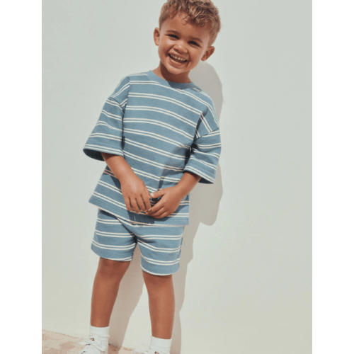 Blue Stripe Short Sleeve All-Over Print T-Shirt and Shorts Set