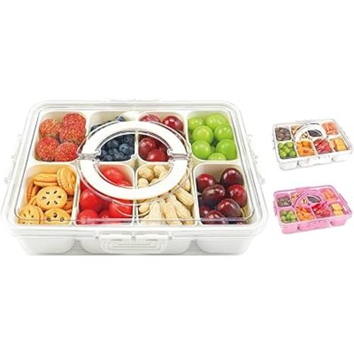 Snackle Box Container, 8 Compartment Divided Serving Tray with Lid and Handle, Snack Box Container for Candy, Fruit and Snacks, Great for Gatherings, Outings, Parties and Entertaining