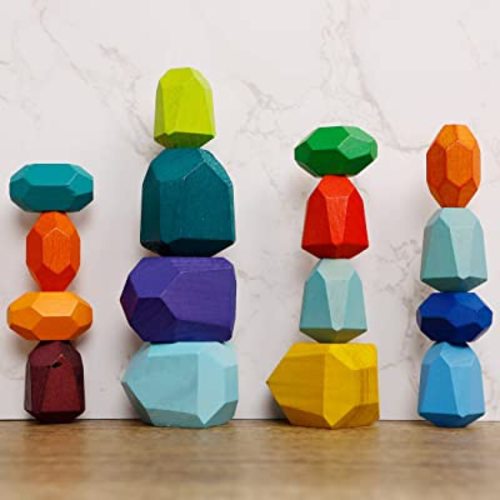 Cllayees 16 Pcs Wooden Stacking Blocks Rocks Building Toys, Colored Solid Wood Stones Pre-School Educational Games Creative Toys for Kids Toddlers
