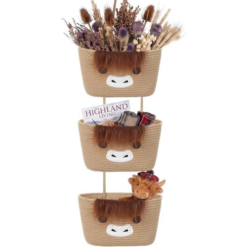 3-Tier Highland Cow Theme Cotton Rope Hanging Basket Organizer, Wall Storage Bin with Hooks, Brown Over Door Decorative Nursery Closet Hanging Accessories