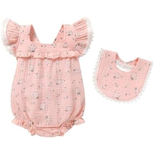YOUNGER TREE Baby Girl Romper 100% Cotton Ruffle Sleeveless Summer Outfit with Accessory Soft Infant Clothes for Daily Wear