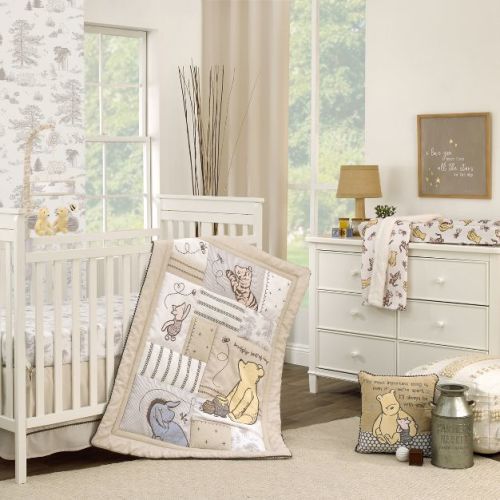 Disney Classic Pooh Hunny Fun with Piglet and Eeyore The Hundred Acre Woods Taupe 3 Piece Nursery Crib Bedding Set
