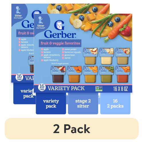 (2 pack) Gerber 2nd Foods Natural for Baby Fruit & Veggie Favorites, Variety Pack, 4 oz Tubs (32 Pack)