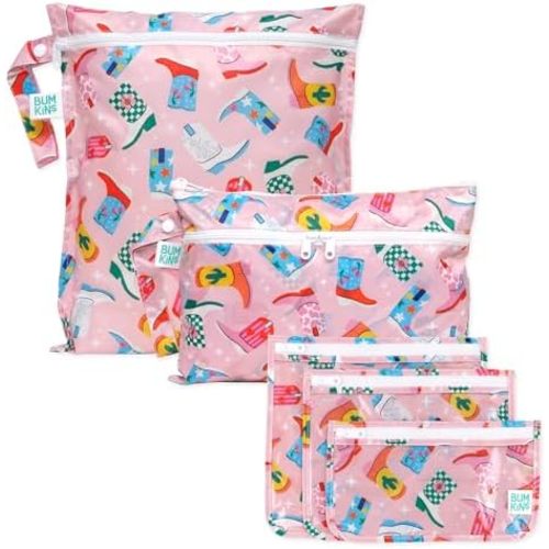 Bumkins - Waterproof Wet Bag, Wet/Dry Clutch & Clear Travel Bags - For Beach, Baby, Travel, Cloth Diapers, Pump Parts, Pool, Gym, Toiletries - Reusable & Easy to Clean - Cowgirl Boots - 5 Pack