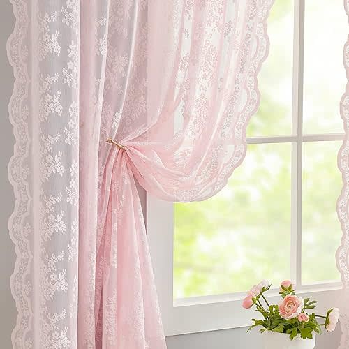 YJ YANJUN Sheer Pink Curtains for Girls Bedroom Vintage Light Pink Floral Lace Curtains Short Window Curtains 63 inch Length Princess Room Girls Room Valentine's Decor 2 Panels 52 x63 Inch