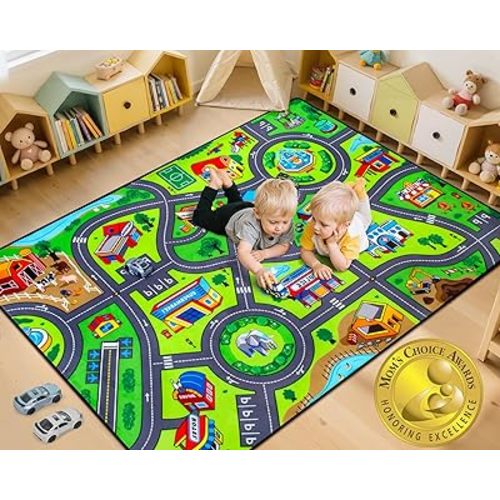 Road Car Rug, 5x7 Ft City Road Rug for Kids, Extra Thick (0.4in) Kids Play Rug Mat and Car Carpet with Realistic Colors - Perfect for Children, Soft and Non-Slip for Playroom and Bedroom