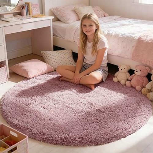 Fluffy Round Area Rugs for Bedroom,Blush 4'X4'Shag Circle Area Rugs for Living Room,Non Slip Fuzzy Plush Rug for Kids Room Boys Girls Room and Dorm