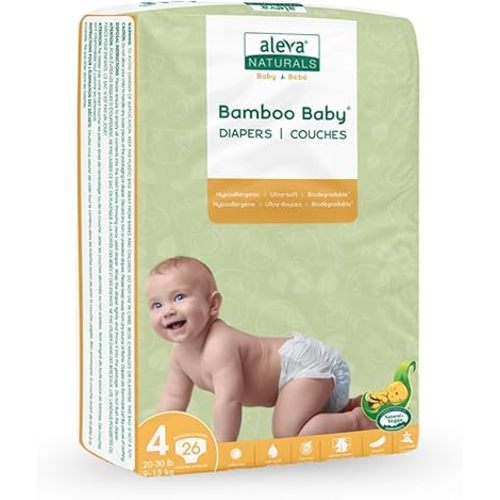 Aleva Naturals Hypoallergenic Bamboo Baby Diapers for Baby, Ultra Soft, Sensitive Skin Friendly, Biodegradable, Disposable - Size 4 (20-30 lbs / 9-13kg), 26 Count, Unbleached