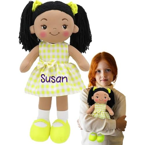 Printualist Personalized Rag Dolls for Girls - Custom 16 Inches Soft Plush Snuggle Baby Doll for Toddlers Stuffed Toys - Muñecas de Trapo Personalizadas para Niñas - Yellow Checked Dress