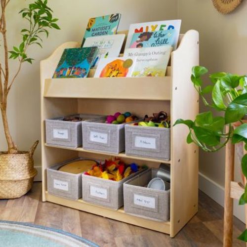 Guidecraft EdQ Book and Bin Browser: Kids Wooden Book Rack and Toy Storage Organizer, Home and Classroom Educational Furniture