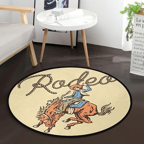 Rodeo Cowboy Area Rug Round 3 ft Washable for Bedroom Living Room Vintage Circle Rug Mat Non Slip Carpet Decor Floor Mat for Bathroom Kitchen Dorm
