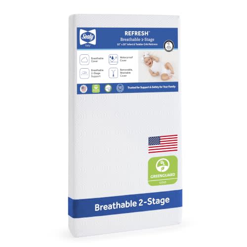 Sealy Baby Infant & Toddler Crib Mattress - Refresh 2 Stage Waterproof and Breathable, Non Toxic, GREENGUARD Gold Certified, Made in USA, 52x28