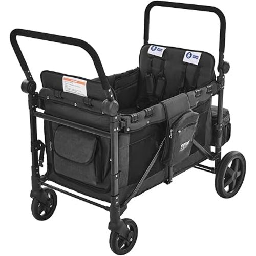 VEVOR Wagon Stroller for 4 Kids, Push Pull Quad Collapsible Stroller with Adjustable Handle, Safety Harness & Removable Canopy, 4-Seater Stroller Wagon for Camping, Dark Gray & Black (330LBS Loading)