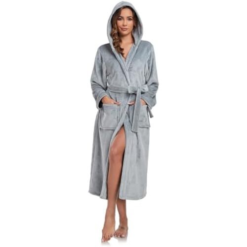 RONGTAI Womens Robes Plush Fleece Hooded Bathrobe Thick Nightgown with Pockets Fluffy Sleepwear