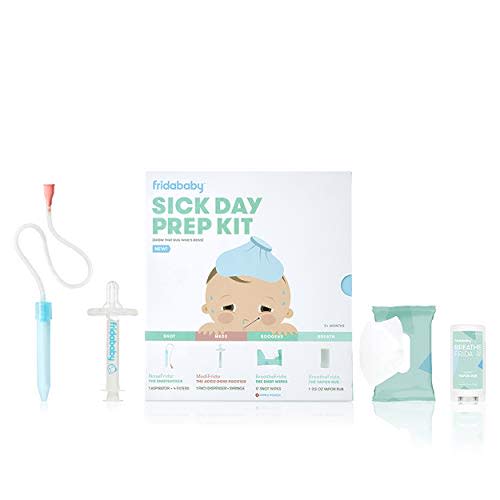 Baby Sick Day Prep Kit by FridaBaby - Includes NoseFrida Nasal Aspirator, MediFrida Pacifier Medicine Dispenser, Breathefrida Vapor Chest Rub + Snot Wipes. Soothe Stuffy Noses for Babies with A Cold
