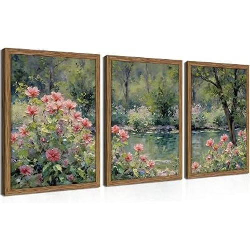 Framed Monet Wall Art Set of 3, Impressionist Botanical Floral Canvas Wall Decor, Vintage Cottagecore Artwork Paintings, Nature Landscape Flowers Prints Pictures for Living Room Bedroom 12x16 Inch