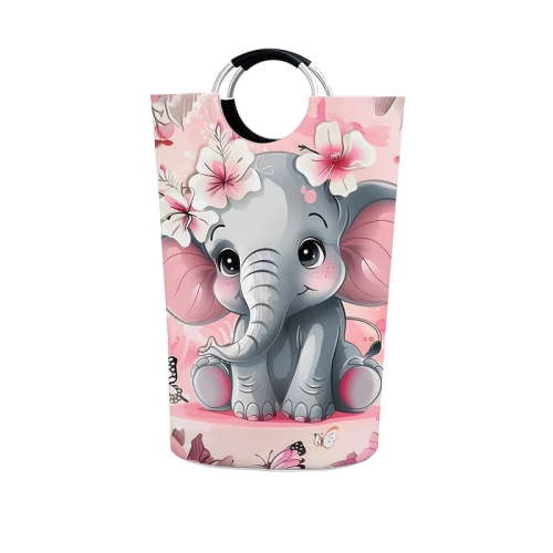 Large Cute Elephant & Butterfly Flower Collapsible Laundry Basket Hamper with Sturdy Handle - Elephant/Butterfly Flower, Round Ocean-Themed Storage Suitable for, Bathroom, Dorm, Room, Laundry Baskets