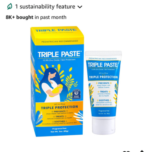 Triple Paste Diaper Rash Cream for Baby - 3 oz Tube - Zinc Oxide Ointment Treats, Soothes and Prevents Diaper Rash - Pediatrician-Recommended Hypoallergenic Formula with Soothing Botanicals
