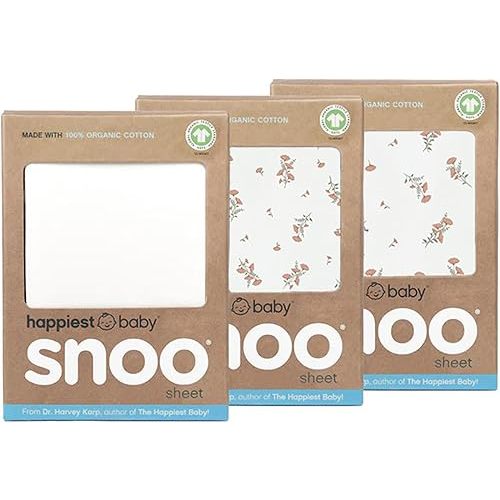 Happiest Baby SNOO Bassinet Fitted Sheet - 100% Organic Cotton Nursery Bedding - Fits SNOO Sleeper Crib Mattress - 3-Pack Bundle (Wildflowers (2), Ivory (1))