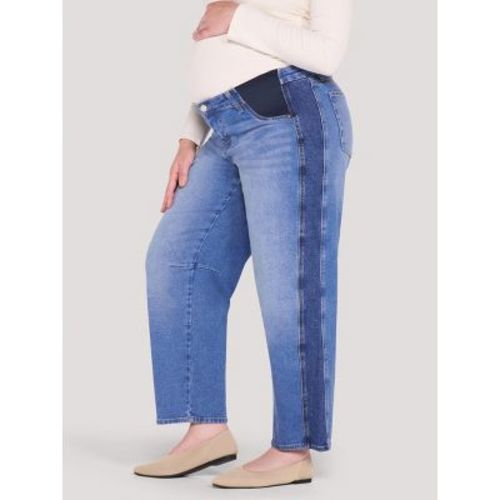 Women's Under the Belly Side Panel Barrel Leg Jean - Medium Wash with Dark Panel - Size: Medium - Motherhood Maternity