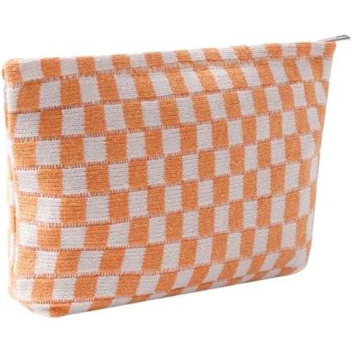 Cosmetic Bags for Women - Corduroy Cosmetic Bag Aesthetic Women Handbags Purses Smile Dots Makeup Organizer Storage Makeup Bag Girls Case Bags (Q-Checkered orange)