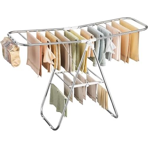 SONGMICS Clothes Drying Rack, Foldable Laundry Drying Rack, Sock Clips, Metal Clothes Airer with Height-Adjustable Gullwings, Space-Saving, Indoor Outdoor, 17 x 51.2 x 39 Inches, White ULLR505EW01