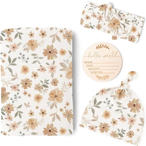 Konssy Baby Girl Newborn Receiving Blanket with Matching Headband and Beanie Set Baby Swaddle Nursery Swaddle Wrap