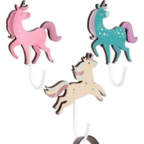 AceOrbit 3 Pcs Colorful Unicorn Wall Hooks Wall Hangers Pink Nursery Coat Rack Unicorn Art Holder for Kids Bedroom Home Decoration