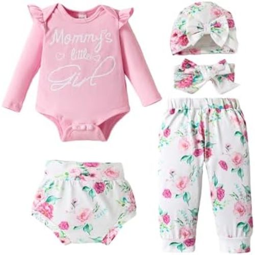 SUNNY PIGGY Baby Girl Clothes Infant Newborn Girls Outfits Romper with Headband Hat Pants Shorts Set 5Pcs