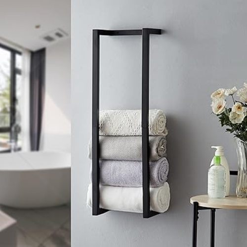 Towel Rack for Rolled Towels, Towel Rack for Bathroom,Wall Mounted Metal Bathroom Organizer, Bath Towel Holder Wall for Modern Small Space Bathroom Towel Storage (Black)