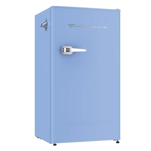 Frigidaire Retro Compact Fridge with Chiller, 3.2 cu ft Countertop Fridge with Built-In Bottle Opener, Compact Refrigerator for Office, Bedroom, Dorm Room or Cabin - 16.5" D x 19" W x 31" H (Blue)