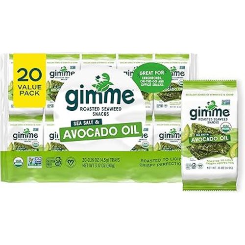 Gimme Seaweed Organic Premium Roasted Seaweed Snacks, Sea Salt & Avocado Oil, 20 Count, Keto, Vegan, Gluten-Free, Great Source of Omega3s and Iodine, Healthy On-The-Go Snack for Kids and Adults