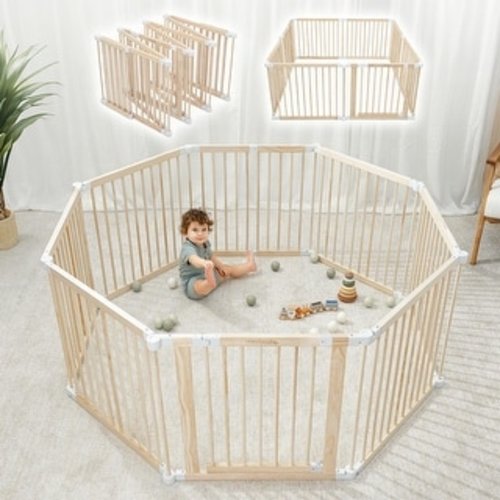 Baby Playpen & Baby Gate for Toddler and Babies, Foldable Wooden Large Shape Playpen with Locking Gate by Comfy Cubs