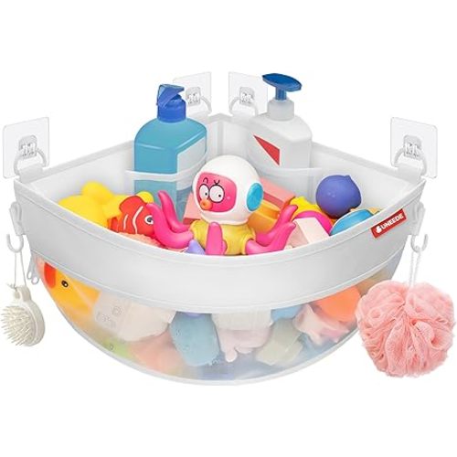UNEEDE 4.32 Gallons Corner Mounted Bath Toy Storage Holder, Mesh Shower Caddy for Bathtub Organizer, Quick Dry Holder