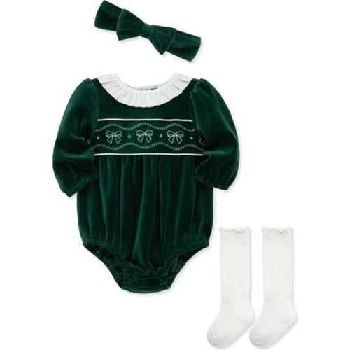Bows Cotton Blend Velour Bubble Romper, Headband & Knee High Socks Set, 9M