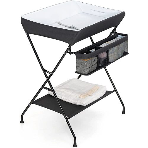Costzon Changing Table, Portable Baby Changing Table Foldable Diaper Changing Station with Safety Belt, Large Storage Rack & Shelf, Nursery Organizer for Newborn Infant (Black)