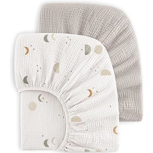 Bearmoss Muslin Crib Sheets - 100% Cotton Baby Crib Sheets Fitted for Standard Crib Mattress & Toddler Bed Mattress 52"x28" Soft Breathable Crib Sheet Neutral for Boys Girls - 2 Pack (Grey Moon)