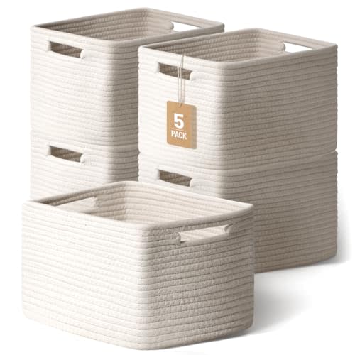 5 Pack White Woven Storage Baskets for Shelves, Decorative Basket Organizer Storage Bins for Toys, Books, Clothes, Closet, Nursery, Bathroom – Cotton Rope Shelf Baskets for Organizing and Decor