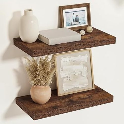 Vivelove 12 Inch Deep Floating Shelves for Wall, 16" Long Wall Shelves with Invisible Brackets, for Living Room Bedroom Bathroom, Farmhouse Rustic Shelves Home Decor, Set of 2, Rustic Brown