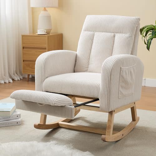 NIOIIKIT Nursery Rocking Chair, Corduroy Upholstered Rocking Chair with Adjustable Footrest, Tufted Rocker Chair with Side Pocket, Glider Rocker for Living Room, Bedroom (Cream Casual)