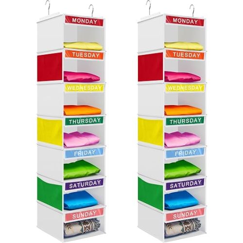 2 Pcs 7 Shelf Weekly Clothes Organizer for Kids Hanging Closet Organizer 11. 8 x 11. 8 x 50 Inches Daily Activity Kids Clothes Storage Drawers Cube Drawers Closet Hanging Shelves(White)