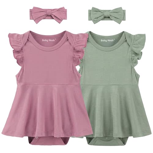 2 Pack Baby Girl Bodysuit Flutter Sleeves Dress, Cute Ruffle Romper Outfit with Headband, Newborn Infant Pajamas 0-12 Months
