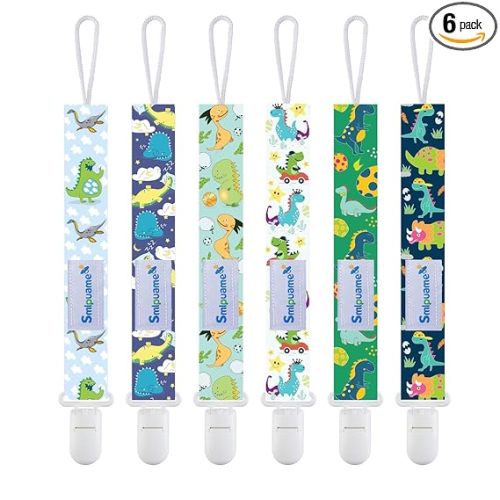 Smlpuame Baby Pacifier Clip for Boys Girl,6 Pack Stylish Binky Clips Strap,Paci Holder with Clips Universal Lightweight Fits Most Pacifiers Teeher Toy Teething Ring Soothie,Baby Gifts(Dinosaur-2)