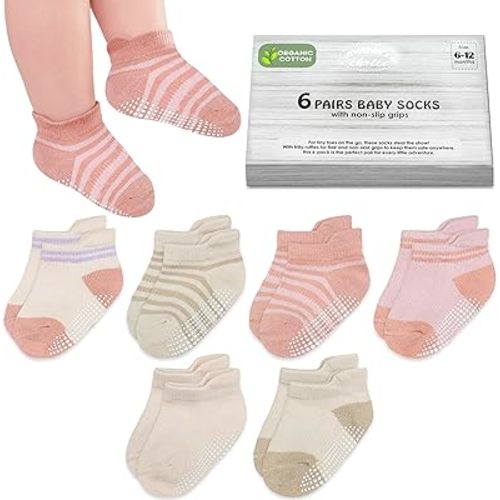 Mother's Choice Organic Cotton Ankle Baby Socks 6–12 Months – 6 Pairs, Soft Breathable Non-Slip Socks for Baby Boys & Girls with Anti-Skid Grip