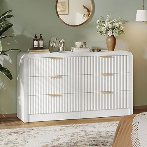 Fluted 6 Drawers Dresser for Bedroom, 55 Inch Wood Dressers with Gold Handles, Modern Dressers with Wave Texture, Large Storage Chest of Drawers, Bedroom Dresser Organizer (Pure White)